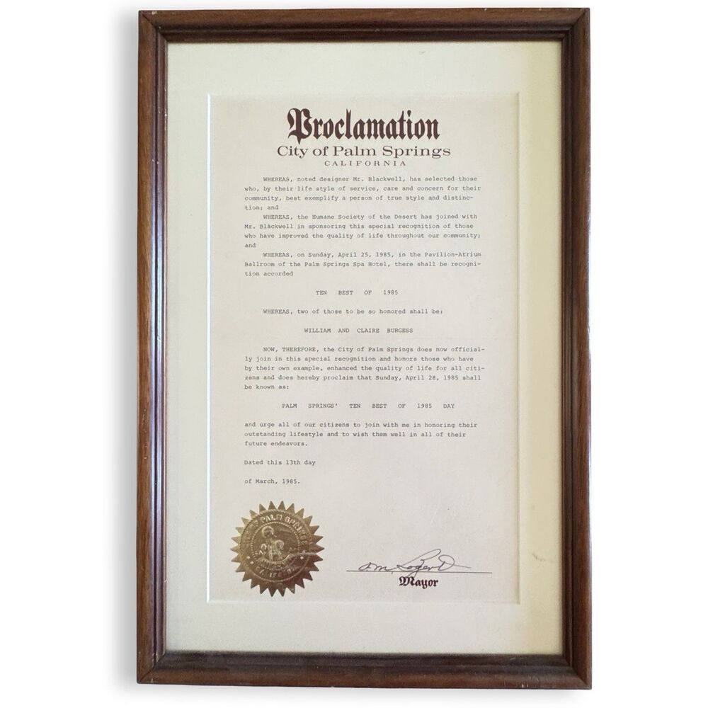 1985 City of Palm Springs Proclamation Mr Blackwell Ten Best Framed Frank Bogert